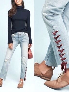Pilcro and the Letterpress Light Blue Denim Jeans with red velvet laces